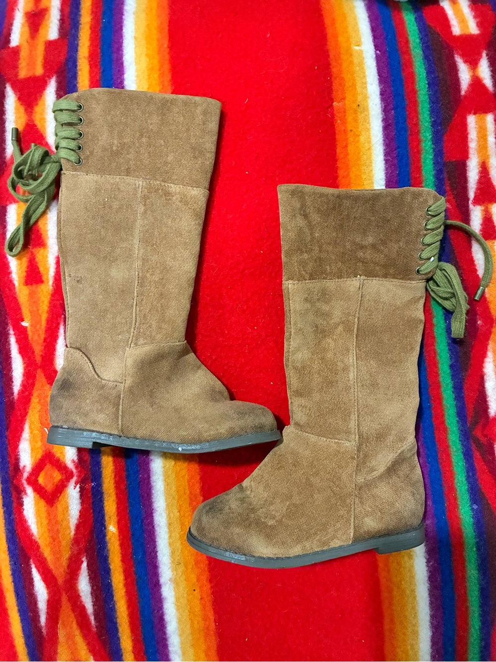 Joyfolie Brown Suede Knee-High Lace-Back Kids Boots with Green Laces